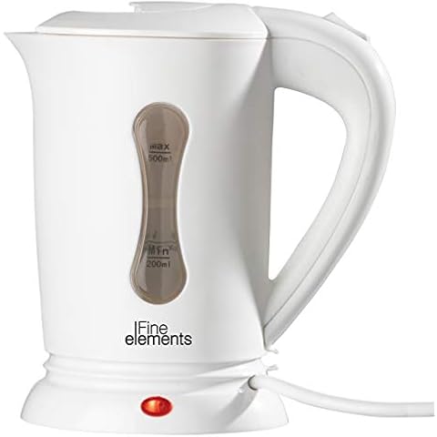 FINE ELEMENTS SDA1935 0.5L Plastic Travel Kettle with Auto Cut Off, Boil Dry Protection, Two White Cups Included, Lightweight and Portable with Concealed Heating Element Cover