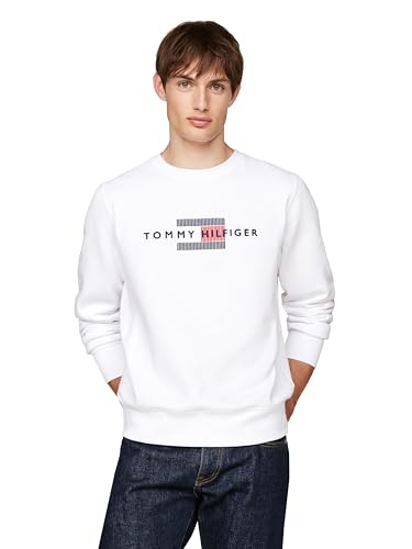 Tommy Hilfiger Men's Medium Weight Crewneck Sweatshirt with Embroidered Flag Logo, White, XL