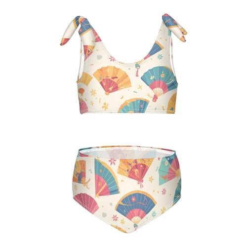 KLL Hand Drawn Cute Japanese Fans Girl Two Piece Bikini Set Scoop Neck Bathing Suit Swimwear Adjustable Strap