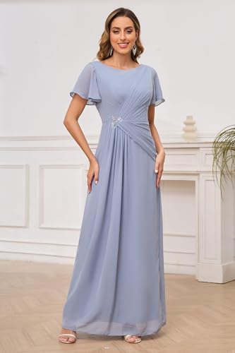 Mother of The Bride Dresses Short Sleeve A-line Scoop Ankle Length Chiffon Elegant Wedding Guest Dress with Beading Pleated4