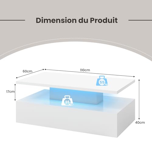 Table basse rectangulaire laquée avec télécommande et 19 modes LED
