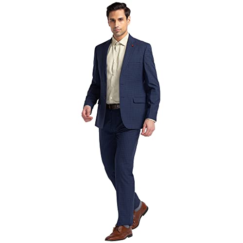 Image of Raymond Men's Contemporary Fit Poly Wool Blend Notch Lapel Checks Pattern Full Sleeve Dark Blue Formal Suit