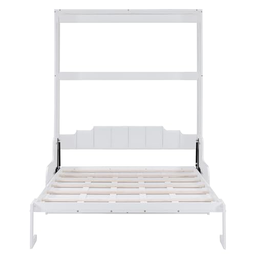 YOPTO Murphy Bed Cabinet Queen Size with Cushion,Folding Wall Bed Frame W/Sofa Chair and Wood Slat Support,Space-Saving Hidden Platform Bed for Bedroom,Guest Room,Home,Office,White