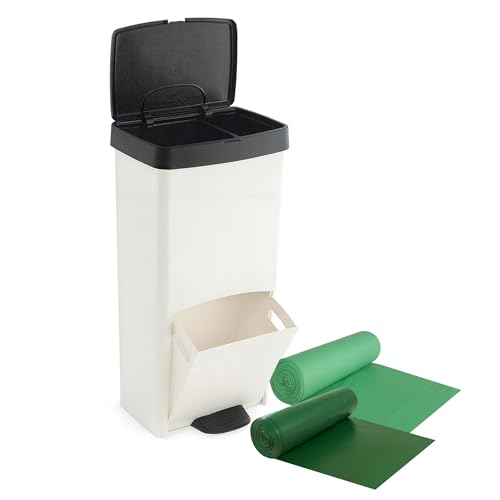 SP Berner Pack Cubo de basura o reciclaje 70L, VERTICAL, 2 Compartimentos, Papelera residuos, 76 cm, INCLUYE bolsas de basura adaptadas 30+40L, Blanco
