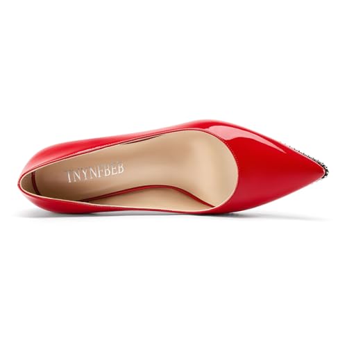 Image of TNYNFBEB Womens Mid Kitten Heel Pointed Toe Pumps Slip-on Silver Beaded Prom Party Dress Patent Leather 2.6 Inches Heels