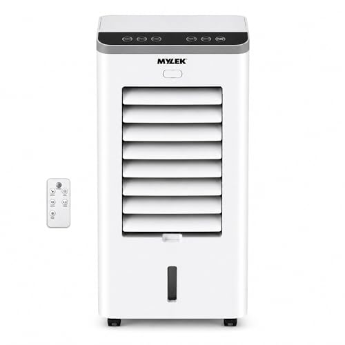 MYLEK Evaporative Air Cooler Portable Fan 8ltr Electric Humidifier Mobile Air Purifier Remote Control Oscillating Louvres Lightweight 75W 3 Speed Settings Timer 8 Hour White