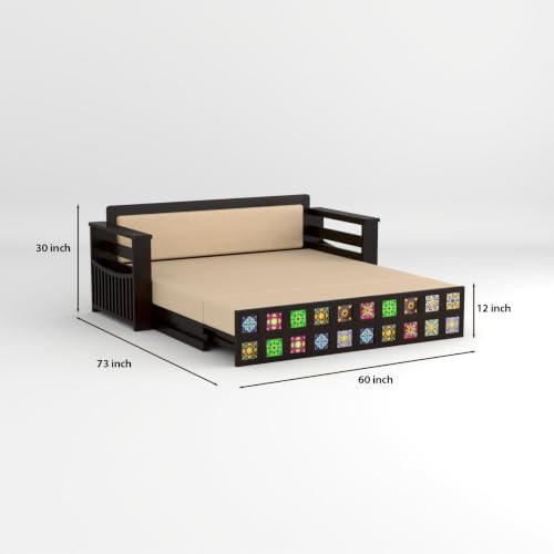 Image of Solid Sheesham Wood Sofa Cums Bed with Mattress & Storage | Rosewood Convertible Sofa Bed for Living Room & Bedroom (Tile-Walnut Finish, 3 Seater)