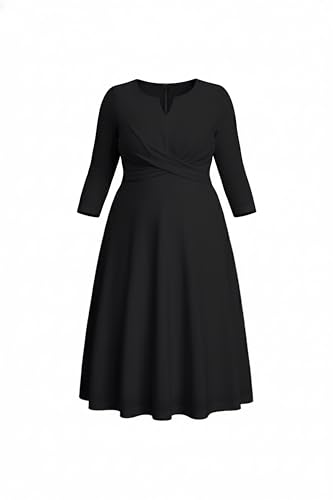 Image of Plus Size Wedding Guest Dress - Church Midi Fall Semi Formal 3 /4 Sleeve V Neck A-line Dress for Women 2025