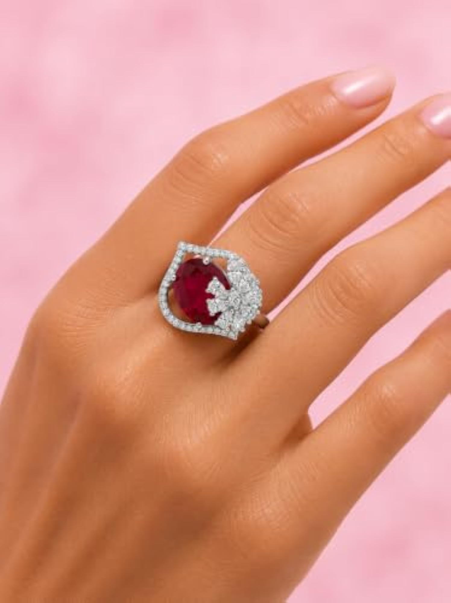 Women's Red Oval Statement Ring, Floral CZ Design