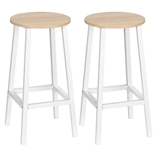 HOMCOM Lot de 2 tabourets de Bar, chaises de Bar, tabourets de Cuisine Hauts 65H cm avec Repose-Pieds, Structure en Acier, Blanc et Naturel