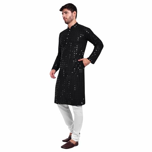 Image of Rayon Ethnic Wear Full Chikankari Sequin Embroidery Mirror Work Traditional Straight Kurta Pyjama Set for Men