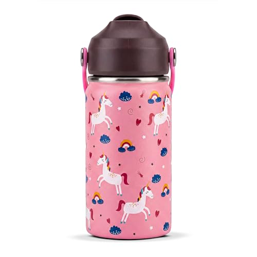 Image of Rioware Kids Insulated Stainless Steel Water Bottle 350ml | Double Wall Vacuum | 24 Hrs Cold & 12 Hrs Hot | Leakproof Flip Top with Straw | BPA-Free | School Bottle with Carry Loop (350 Ml, Pink)