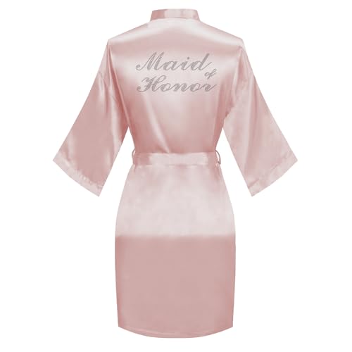 Image of Women's Bride Bridesmaid Robes Short Satin One Size Silver Rhinestones Wedding Party Getting Ready Sleepwear