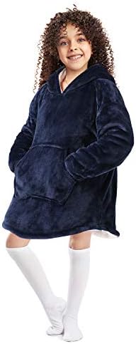 Anjee Oversized Sherpa Hooded Sweatshirt Navy Blue, Super Soft Wearable Blanket Sweatshirt for Kids and Teens, Wearable Hoodie Sweatshirt Blanket with Roomy Front Pocket, One Size Fits All