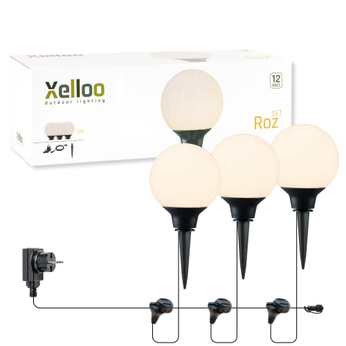Xelloo® Juego de iluminación de jardín ROZ, 12 voltios, 3 luminarias de diseño 1W LED blanco cálido con toma de tierra, resistente al agua (IP44) y con práctica conexión deslizante Cover