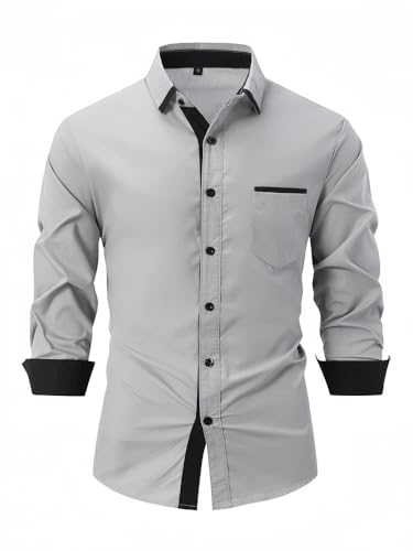 Men Loose Fit Business Shirt - Solid Color Office Shirt with Buckle Detail3
