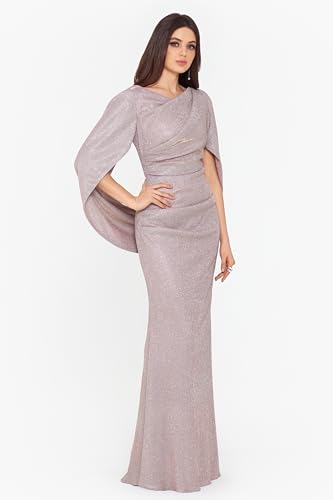 Betsy & Adam Women's Long Glitter Cape Sleeve Dress with Draped Neckline and Hidden Back Zipper2
