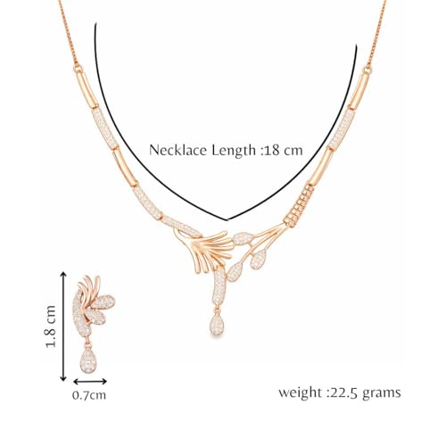 Image of Nilu's Collection Rose Gold Plated American Diamond Floral Leaf Necklace Set with Matching Drop Earrings For Women And Girls | Anti-Tarnish | Anti-Allergy | Office Wear