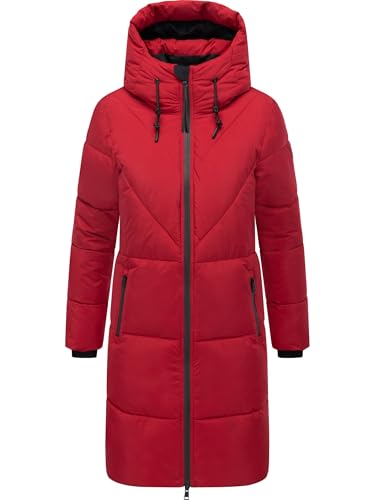 Navahoo Damen Langer Wintermantel warmer Steppmantel mit großer Kapuze und Fleece-gefütterten Kragen Kältekuschel XIV Dark Red Gr. M