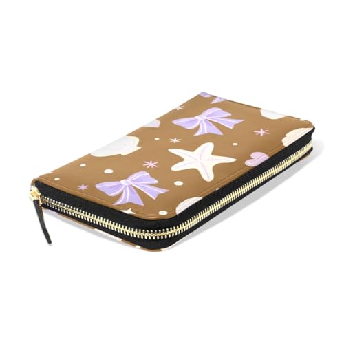 Long Wallets Leather Bifold Wallet for Women Bow Shell Beige with Zipper Credit Card Holder Large Capacity3