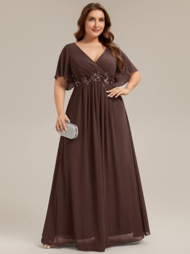 Image of Ever-Pretty Plus Women's Chiffon Plus Size Formal Mother of Bride Dresses | V-Neck, Short Sleeve, Applique, A-Line, Empire Waist, Plus Size Formal Wedding Guest Evening Dresses