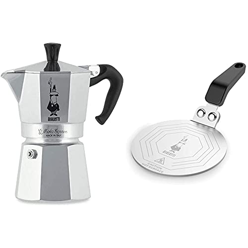 Bialetti Moka Express Cafetera Italiana Espresso, 4 Tazas, Aluminio + Dcdesign08 Difusores De Calor, Adaptador Para El Utilizo De Cafeteras Y Baterías De Cocina Sobre Placas De Inducción