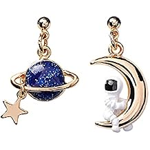 Asymmetrical Star Moon Tassel Drop Dangle Earrings for Women Dainty Long Lucky Star Crescent Planet Chain Tassel Earrings
