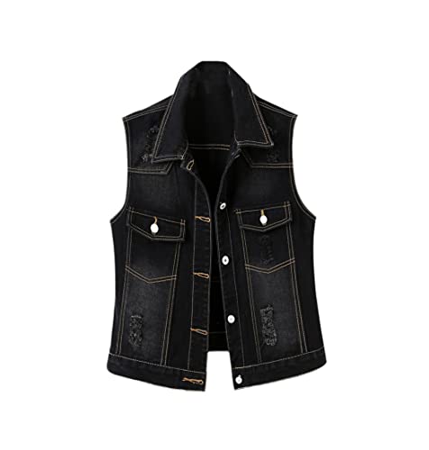Veste en jean sans manches femme bleue style streetwear avec trous décontractée