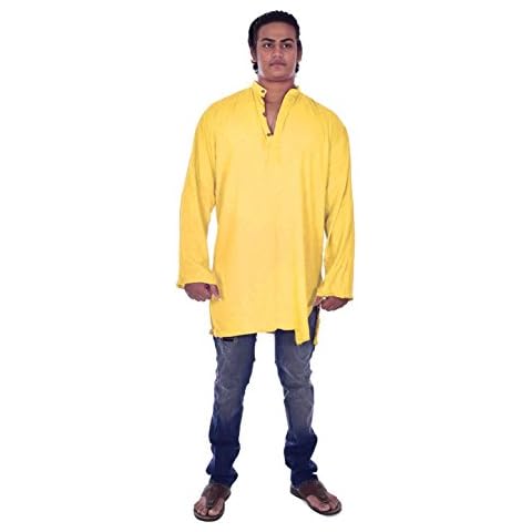 Indian Men’s100% Cotton Tunic Kurta Shirt Plus Size Solid Yellow Color Cover