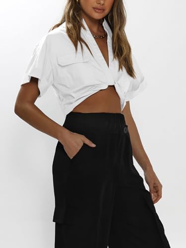 Imily Bela Womens Cropped Shirts Summer V Neck Twist Front Tops Blouses with Pockets3