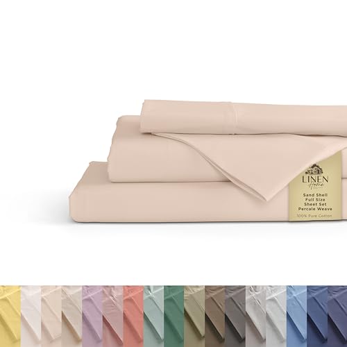 Image of Linen Home 100% Cotton Percale Sheets Full Size, Sand Shell, Deep Pocket, 4 Pieces Set - 1 Flat, 1 Deep Pocket Fitted Sheet and 2 Pillowcases, Crisp Cool and Strong Bed Linen