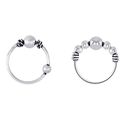 Tienda 2 aros nariz finos tipo bali, plata de ley 925, con bola de cierre 9mm diámetro interior, 0,6mm grosor, 2 diseños bali distintos.