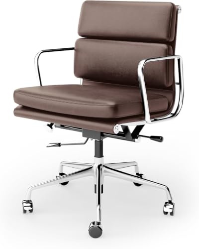 Image of Genuine Leather Office Chair, Mid Back Executive Desk Chair | Real Leather, Lumbar Support, height adjustable, tilt lock, polished aluminum base for 350lb, silent casters, timeless Design