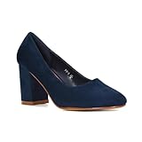 Women's Court Shoes Ladies Classic Round Toe Dress Shoes Navy Faux Suede Office Party Block Heel Pumps Size 6