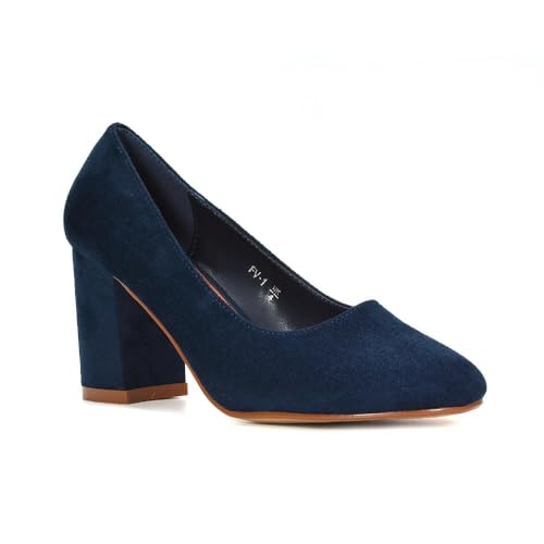 Women's Court Shoes Ladies Classic Round Toe Dress Shoes Navy Faux Suede Office Party Block Heel Pumps Size 6