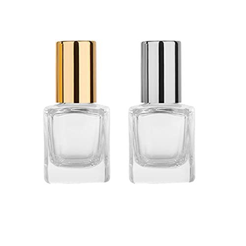 AKOAK 2 Pcs 5 ML Essential Oil Roller Bottle, Square Clear Glass Empty Bottle,Stainless Steel Roller Bead (Gold + Silver Cap)