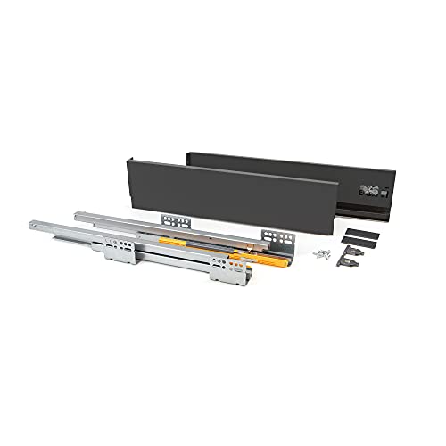 Emuca - Kit de cajón para cocina o baño con guias de extracción total y cierre suave, altura 138mm y profundidad 350mm, Gris antracita