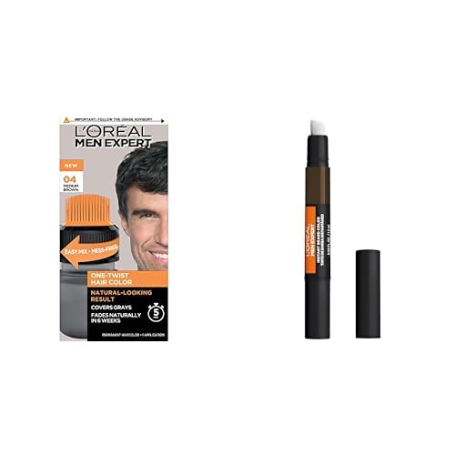 L’Oreal Paris Men Expert One Twist Mess Free Permanent Hair Color, Medium Brown, 1 Kit + Instant Temporary Beard Color, Beard Filler for a Natural & Fuller Beard, Light Medium Brown, 0.05 Fl Oz