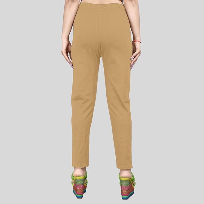 Image of Women's Solid Cotton Lycra Pants-High Waist Slim Fit Stretchable Leggings - Comfortable Long Trousers for Casual, Office & Everyday Wear