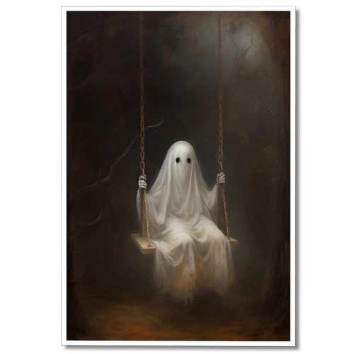 Osdfem Simpatico fantasma di Halloween su tela, divertente fantasma su un'altalena nella foresta, poster estetico spettrale di Halloween, decorazione da parete gotica Dark Academia, 30,5 x 40,6 cm,