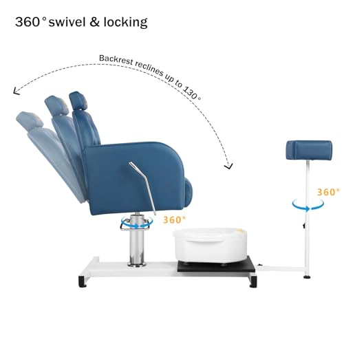 Reclining Pedicure Chair No Plumbing with Foot Massage Basin & Stool, Hydraulic Adjustable Pedicure Chair Station, 360° Rotation Beauty Spa Salon Unit Station - Blue
