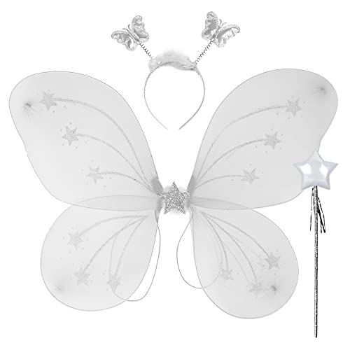 Rozi Decoration Butterfly fairy Angel Costume | Set of 3 Items - Butterfly Wing, Butterfly Wand & Hair Band | White(Plastic)