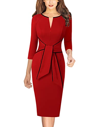 Image of VFSHOW Womens Front Zipper Tie Waist Bow 3 /4 Sleeve Slim Fitted Work Business Office Party Bodycon Pencil Sheath Dress