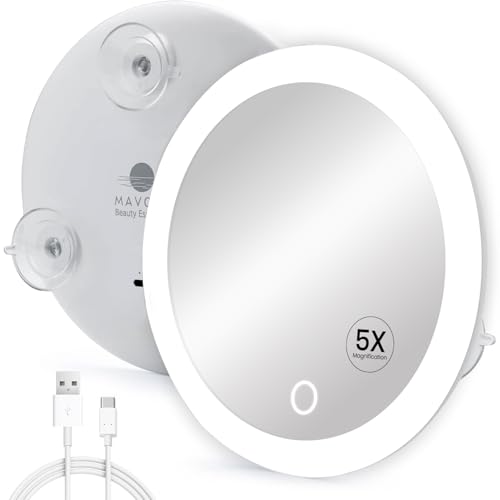 Mavoro 6.8 LED Magnifying Mirror with 3 Strong Suction Cups | 5X Magnification | Portable Lighted Travel Makeup & Cosmetic Mirror with Light (USB-C Rechargeable Built-in Battery | 5X)