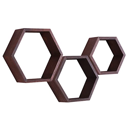 MITREL - Juego De 3 Estantes Flotantes Hexagonales De Madera Maciza para Dormitorio, Sala De Estar, Oficina, DecoracióN del Hogar (Nogal Oscuro)