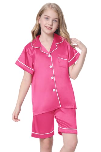 Image of Schbbbta Girls Womens Pajamas, Satin Silky Pjs Set Kids 2Pcs Button-Down Nightwear Sleepwear Gift for Mommy and me