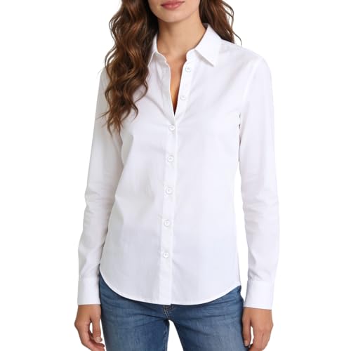 BSBUY Camisa Blanca Mujer, Camisas Mujer Manga Larga, Camisa Mujer de Slim con Cuello Francés, Algodón, para El Trabajo, Informal, para Negocios, Oficina, L