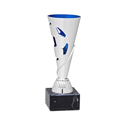 Coppa in ABS Cromato e Blu. Pallone da Calcio raffigurato sul Fusto. Altezza di 16,50 cm. Targhetta Personalizzata Omaggio Premiazioni Sportive