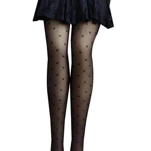 Damen Strumpfhose mit Herz-Muster, Transparente Feinstrumpfhose 40 Denier, Elegante Beinmode für Alltag und besondere Anlässe, Größen S/M und L/XL, Pflegeleicht, Schwarz