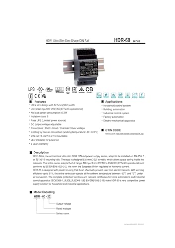 Alimentation HDR-60-48 DC 48V 1.25A 60W transformateur tableau
